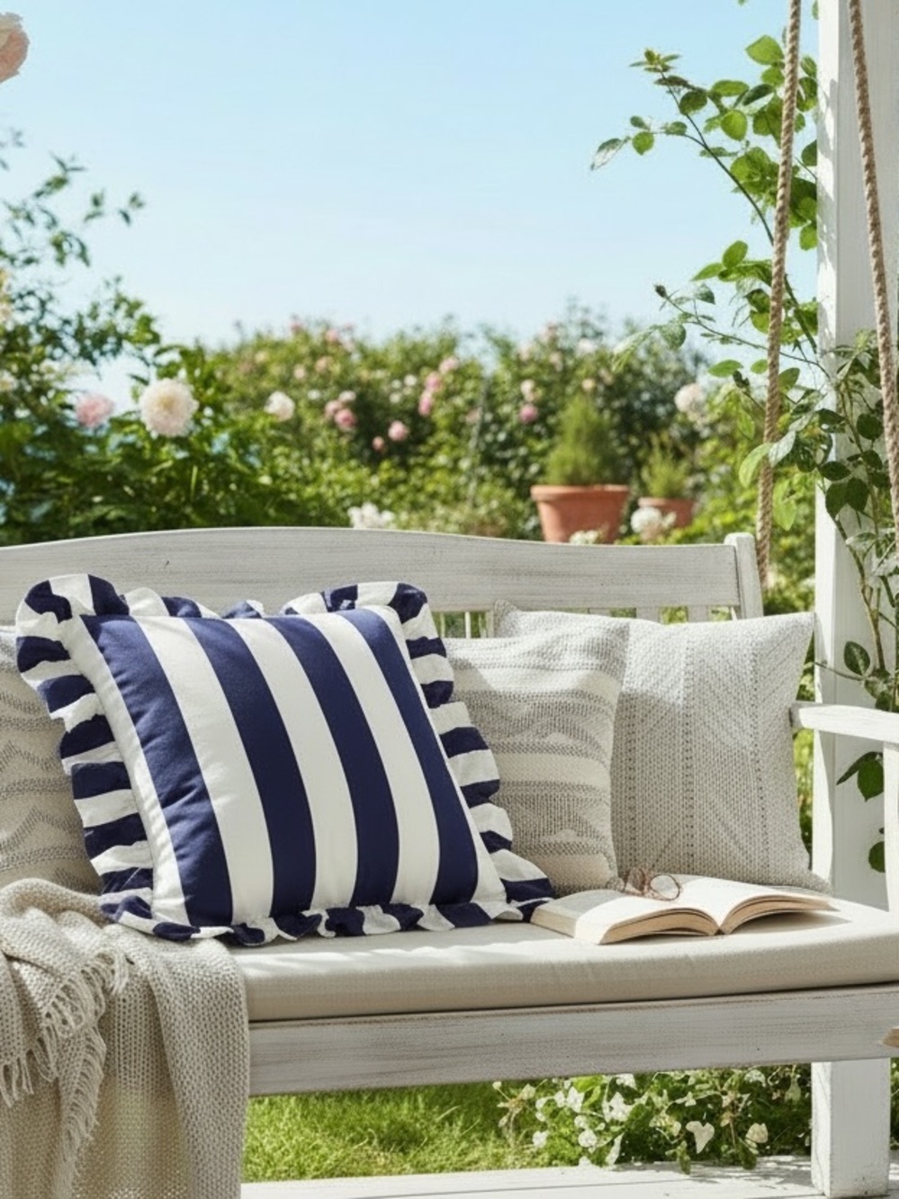 NWT Anthropologie Maeve Striped Ruffle Throw Pillow Navy Blue White 20x20